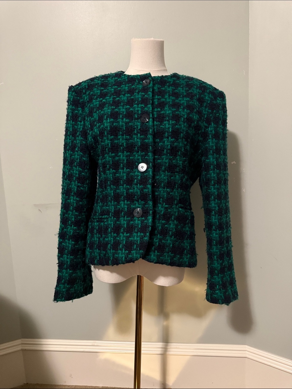 Vintage Jones New York Wool Emerald and Black Houndstooth Tweed Blazer